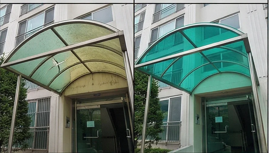 강남 렉산캐노피 출장 시공 · Hero 대표 이미지 · 빌라 출입구 아치 캐노피 폴리카보네이트 교체 BEFORE AFTER