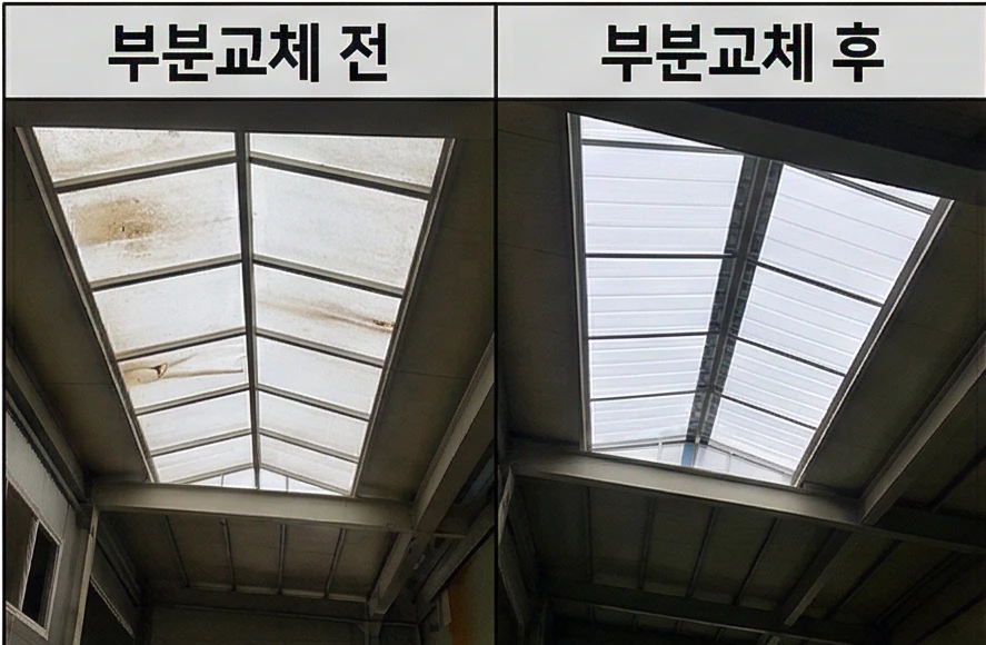 옥상 채광창 폴리카보네이트 교체 시공 전 후